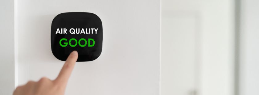 Indoor air quality thermostat showing the air is good